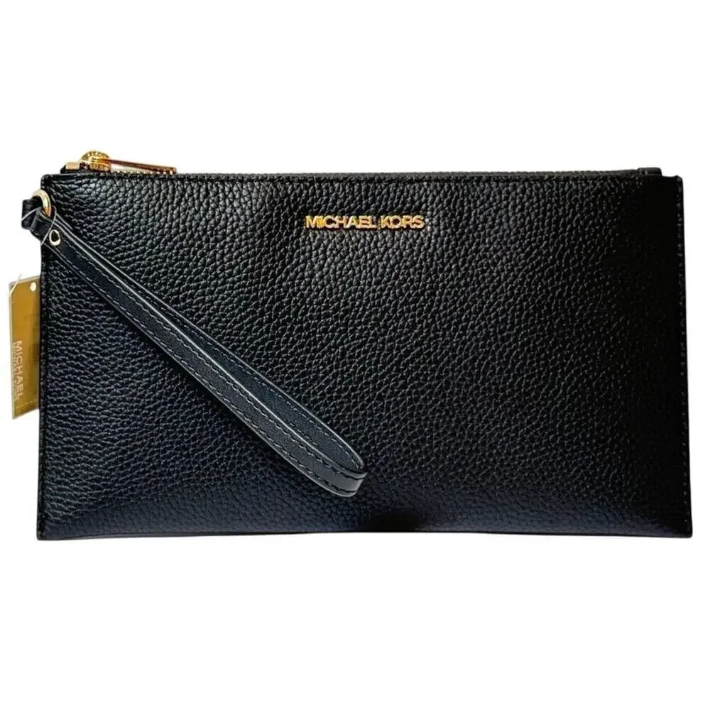 MICHAEL KORS Jet Set Large Leather Clutch Wristlet in Black New w/ Tag MSRP $258